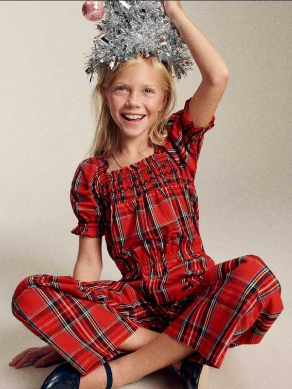 New girl's 5 Crewcuts J.Crew smocked jumpsuit in Good Tidings Christmas plaid